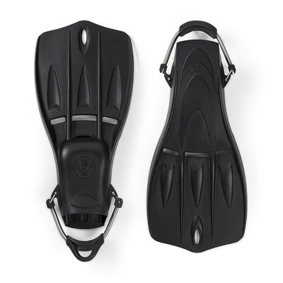 Pair of Fourth Element Tech fins in black, shown blade up and foot pocket up with spring straps fitted