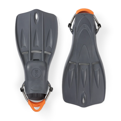 Pair of Fourth Element Tech fins in grey with orange spring straps, shown blade up and foot pocket up