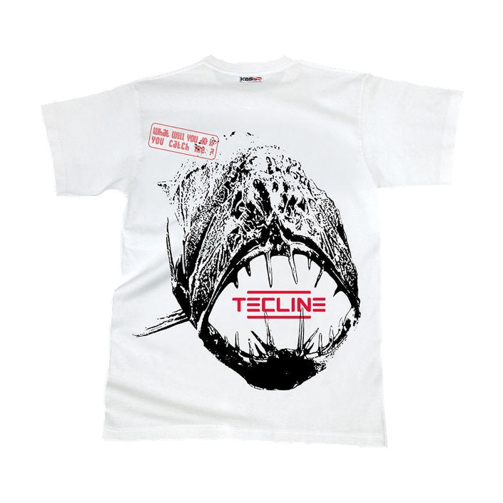 Tecline white Fish T-shirt with a large black deep-sea fish print and red TECLINE wordmark