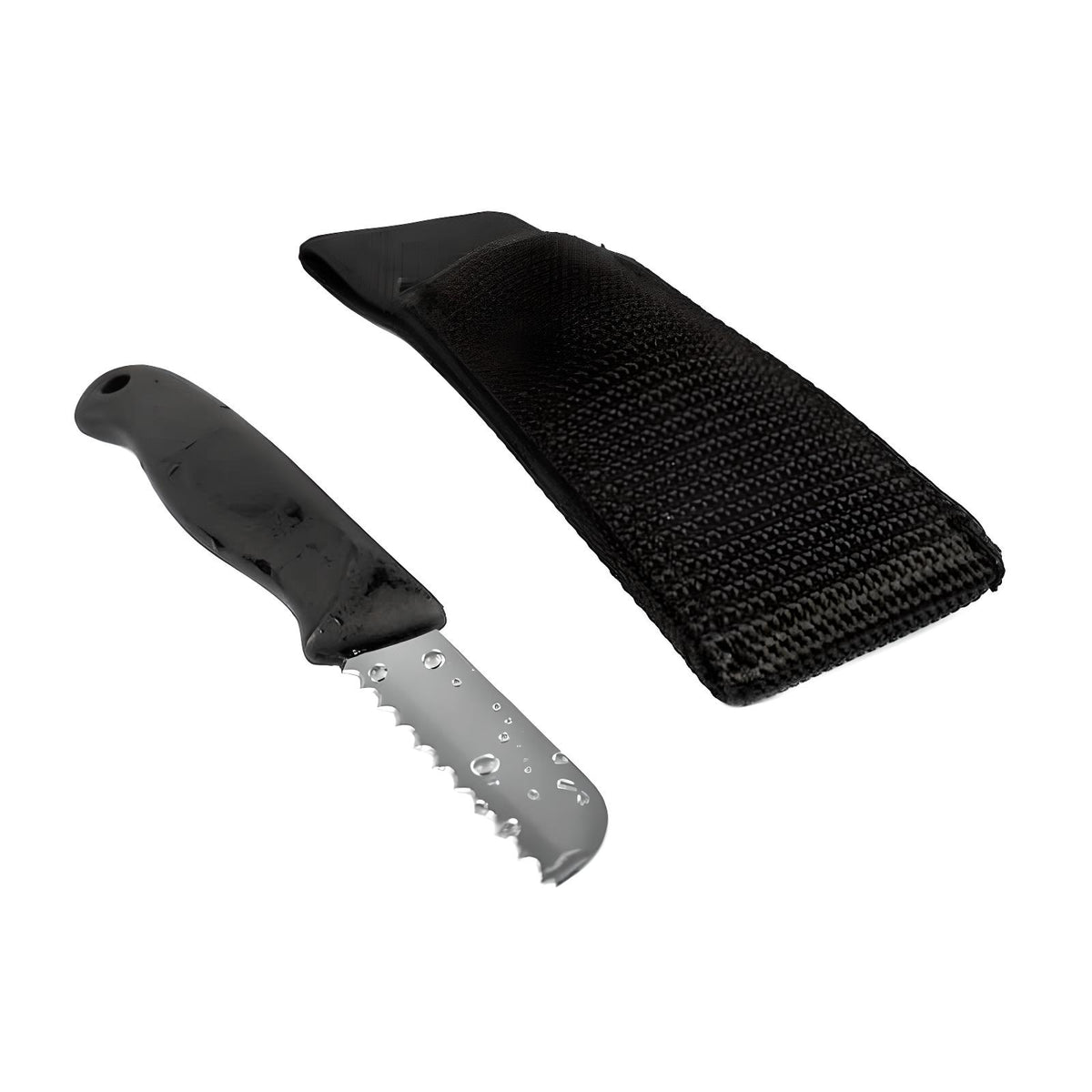 Tecline harness knife with serrated blade beside its nylon pouch