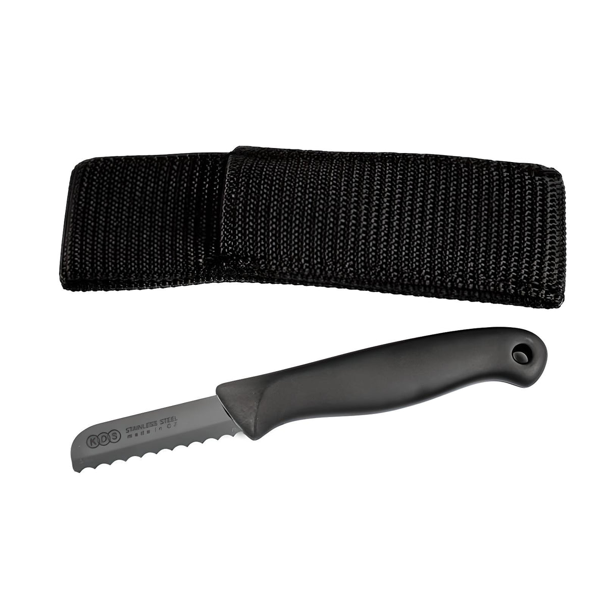Tecline harness knife with serrated blade beside its nylon pouch