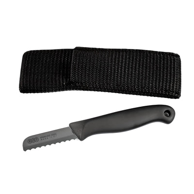Tecline harness knife with serrated blade beside its nylon pouch