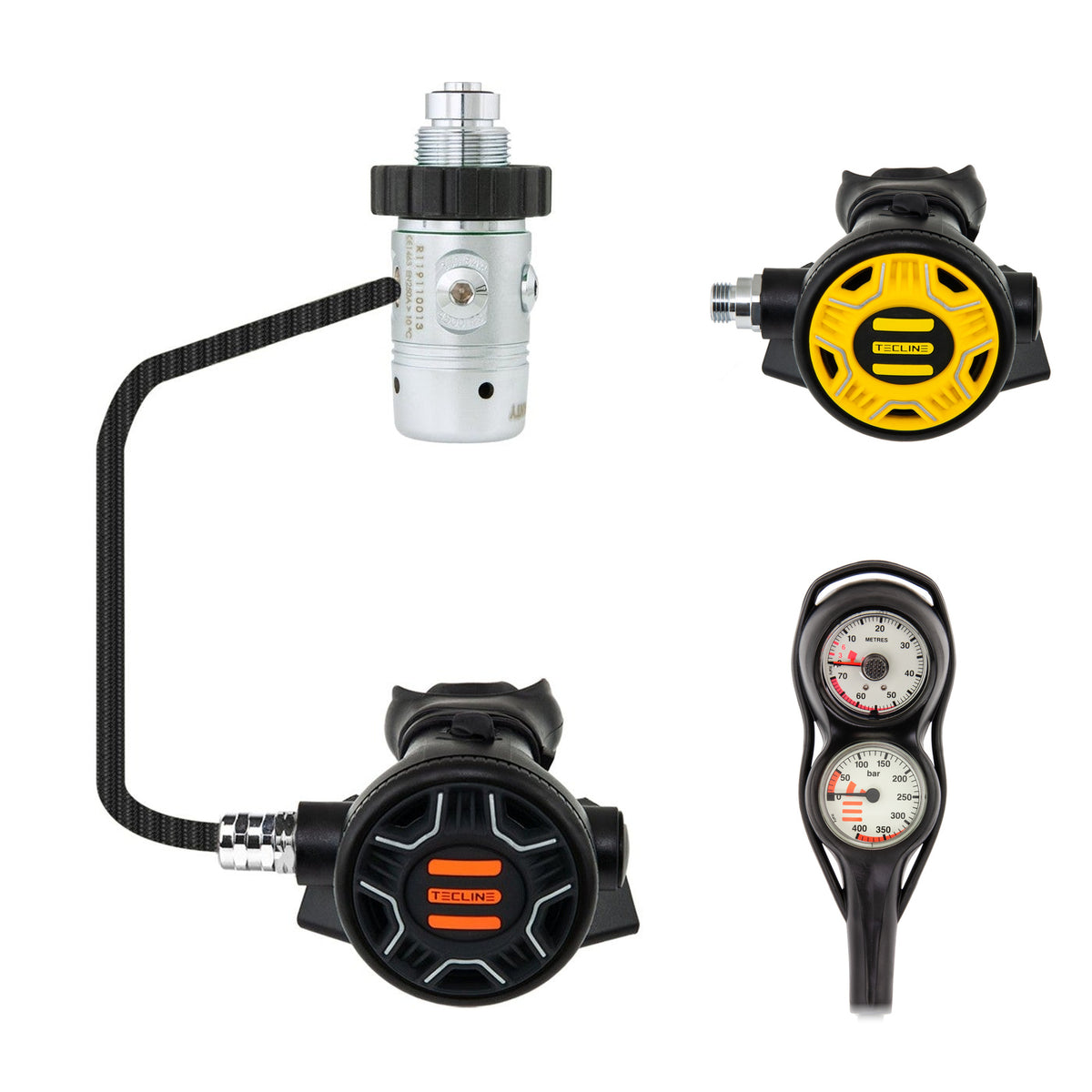 Tecline R1 REC1 regulator with yellow REC1 octopus and EVO pressure gauge