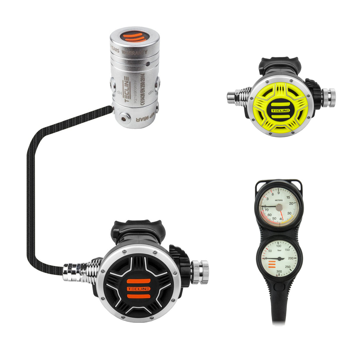 Tecline R2 TEC1 regulator with yellow TEC1 octopus and Combo pressure gauge