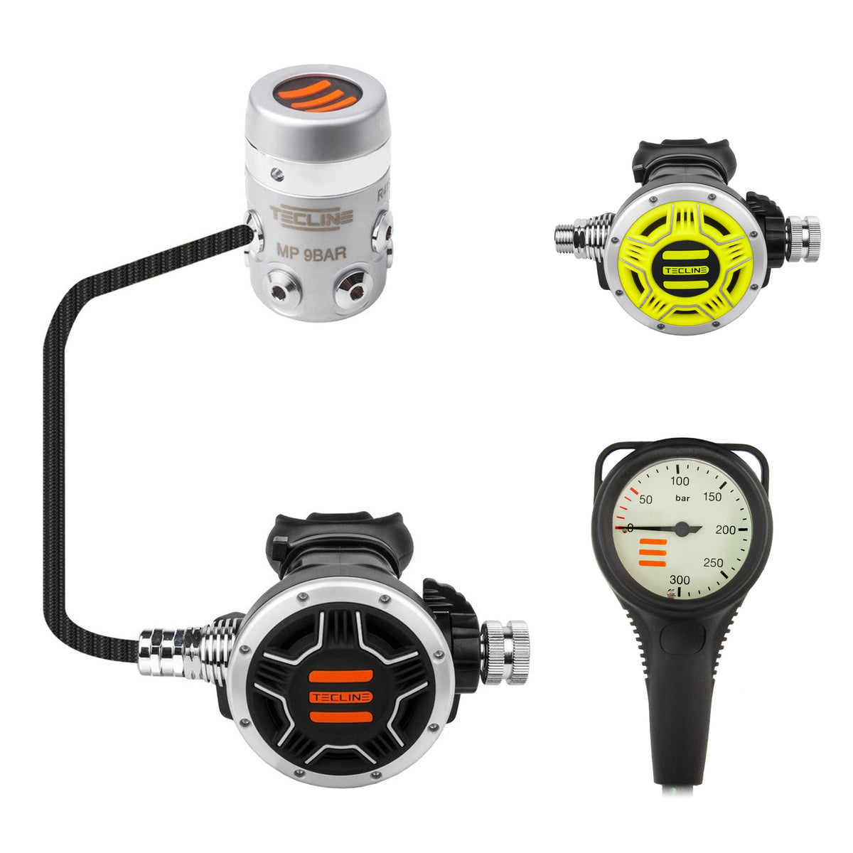 Tecline R4 TEC1 regulator with yellow TEC1 octopus and Combo pressure gauge