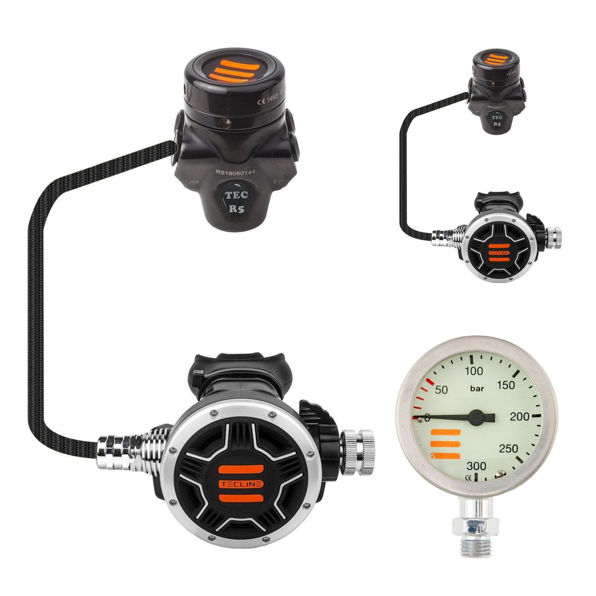 Tecline R5 TEC1 DIR set: two black chrome R5 TEC first stages with black TEC1 second stages