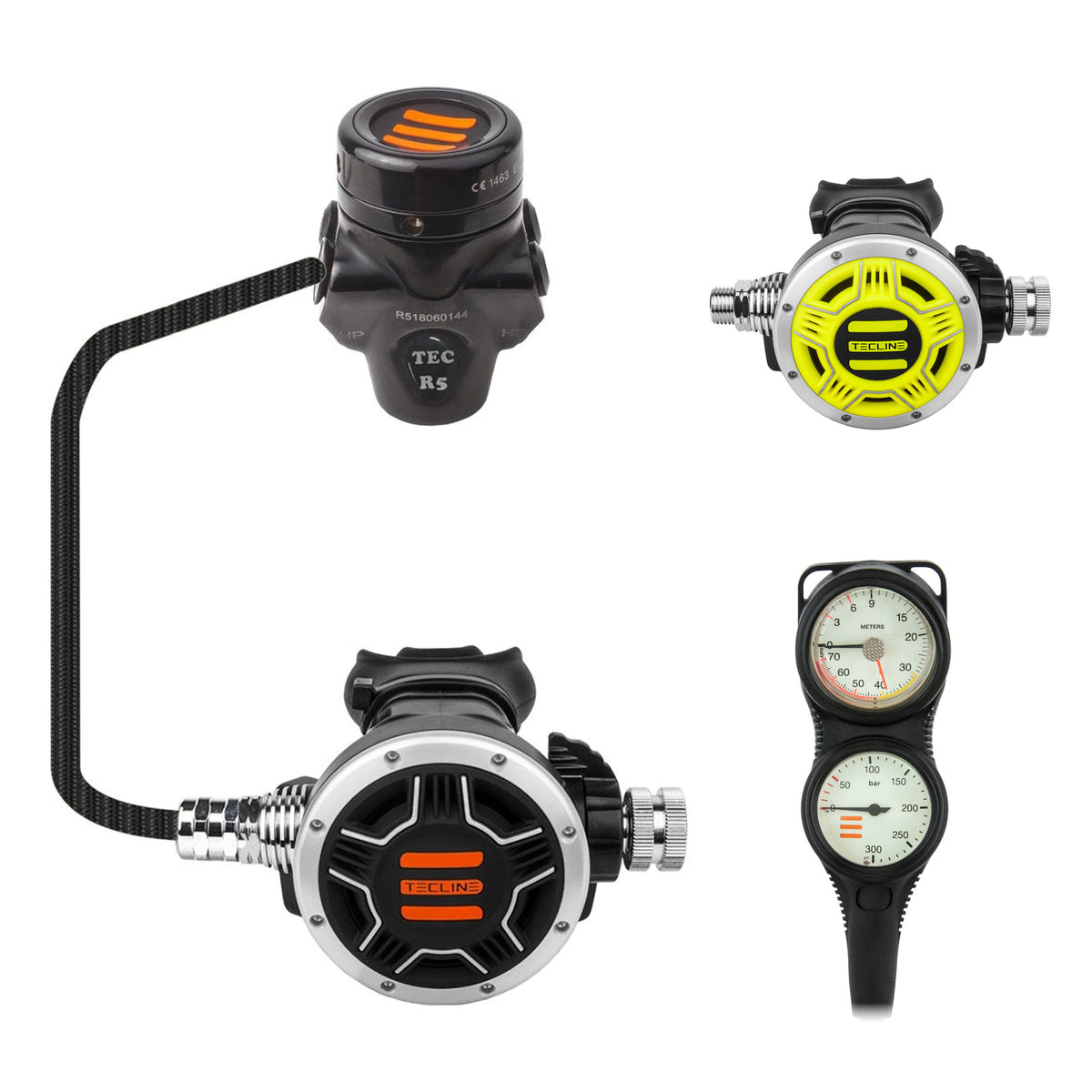 Tecline R5 TEC1 regulator with yellow TEC1 octopus and Combo pressure gauge