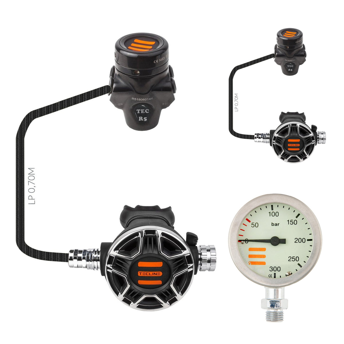 Tecline R5 TEC2 DIR set: two black chrome R5 TEC first stages with black TEC2 second stages