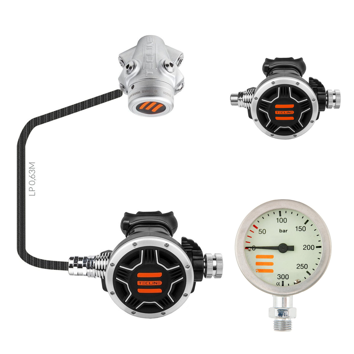 Tecline V1 ICE TEC1 SemiTec I regulator with a second black TEC1 second stage and 52 mm chrome pressure gauge