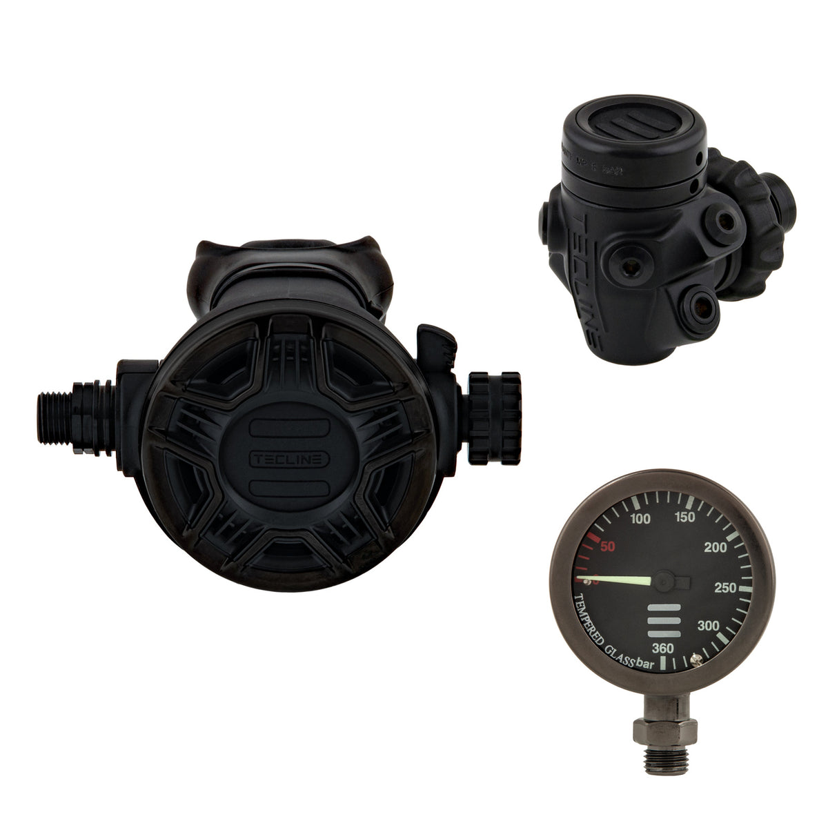 Tecline SemiTec II Military Line set: black V1 ICE Military Line first stage, black TEC2 reversible Military Line second stage and black 52 mm pressure gauge