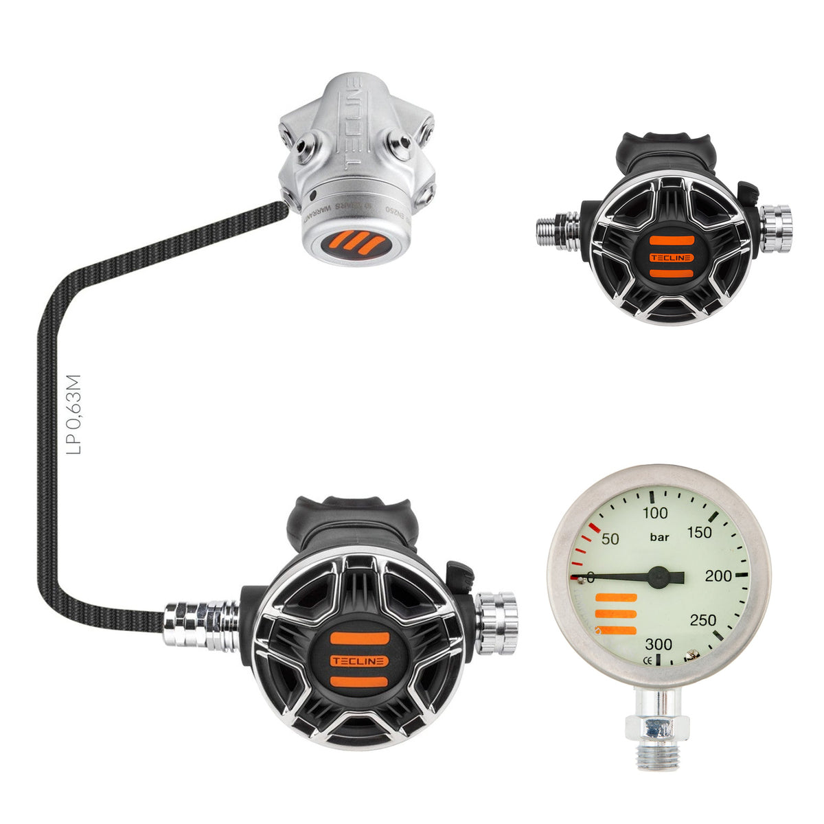 Tecline V1 ICE TEC2 SemiTec I regulator with a second black TEC2 second stage and 52 mm chrome pressure gauge