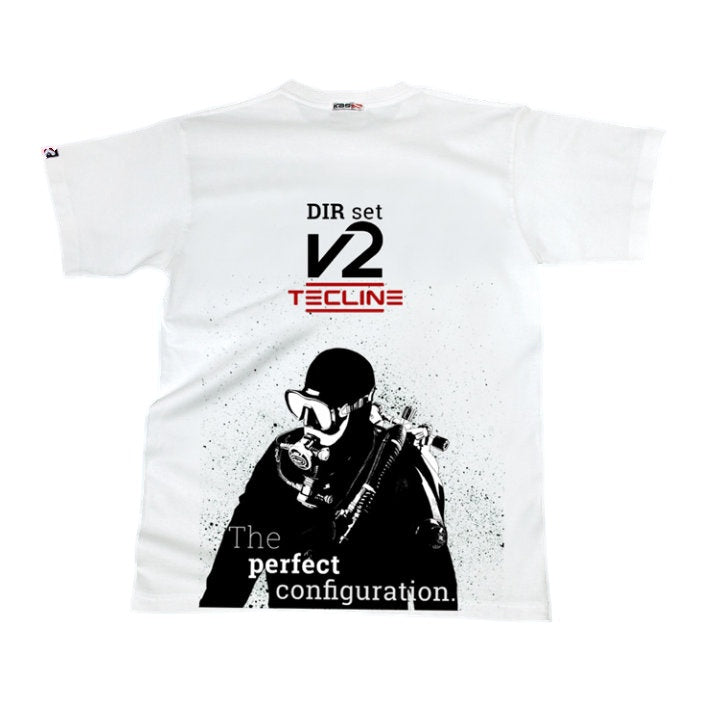Tecline white V2 T-shirt with DIR set V2 print, red TECLINE wordmark and diver graphic