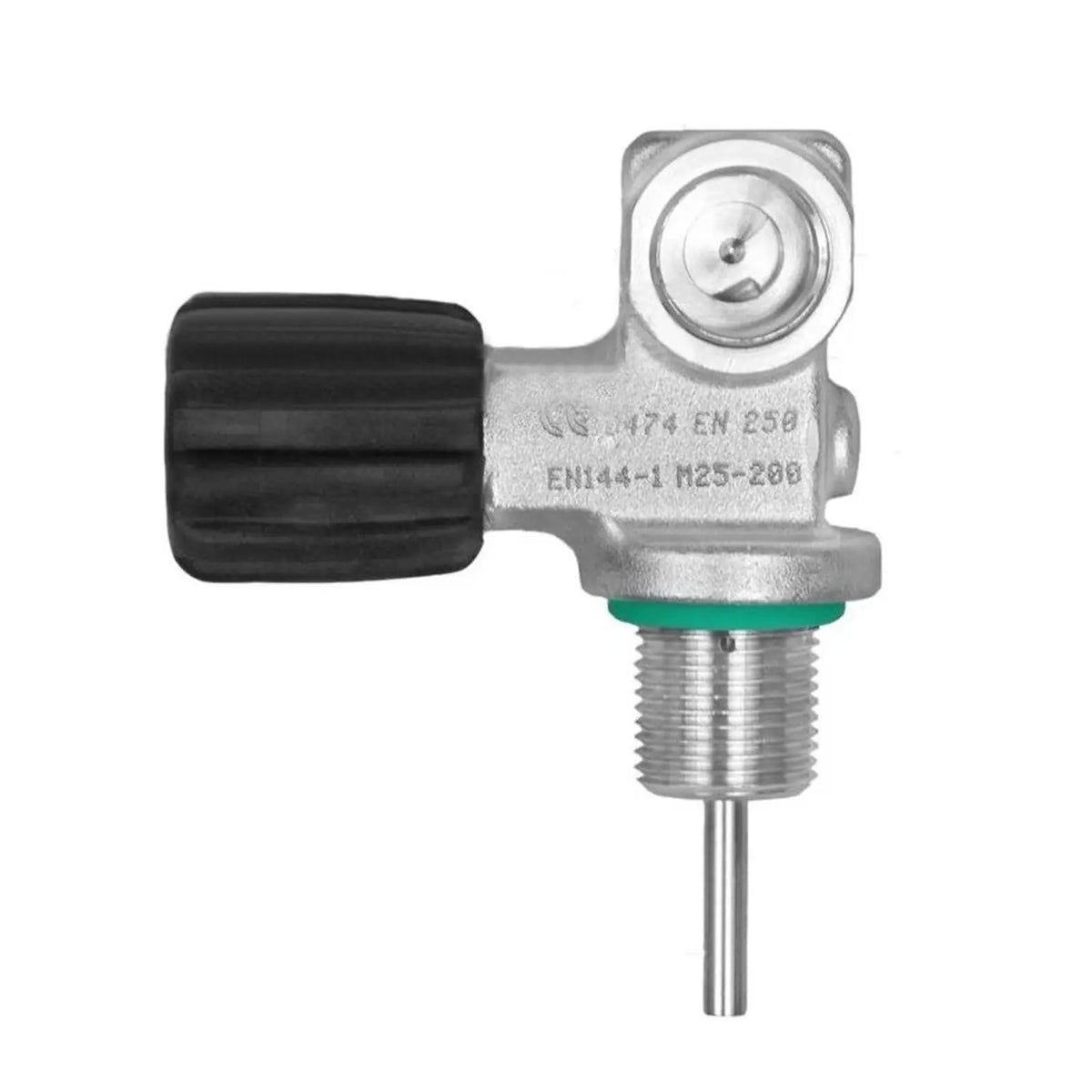 Tecline right-hand mono valve G5/8 232 bar with black rubber handwheel and dip tube, front view of the DIN outlet