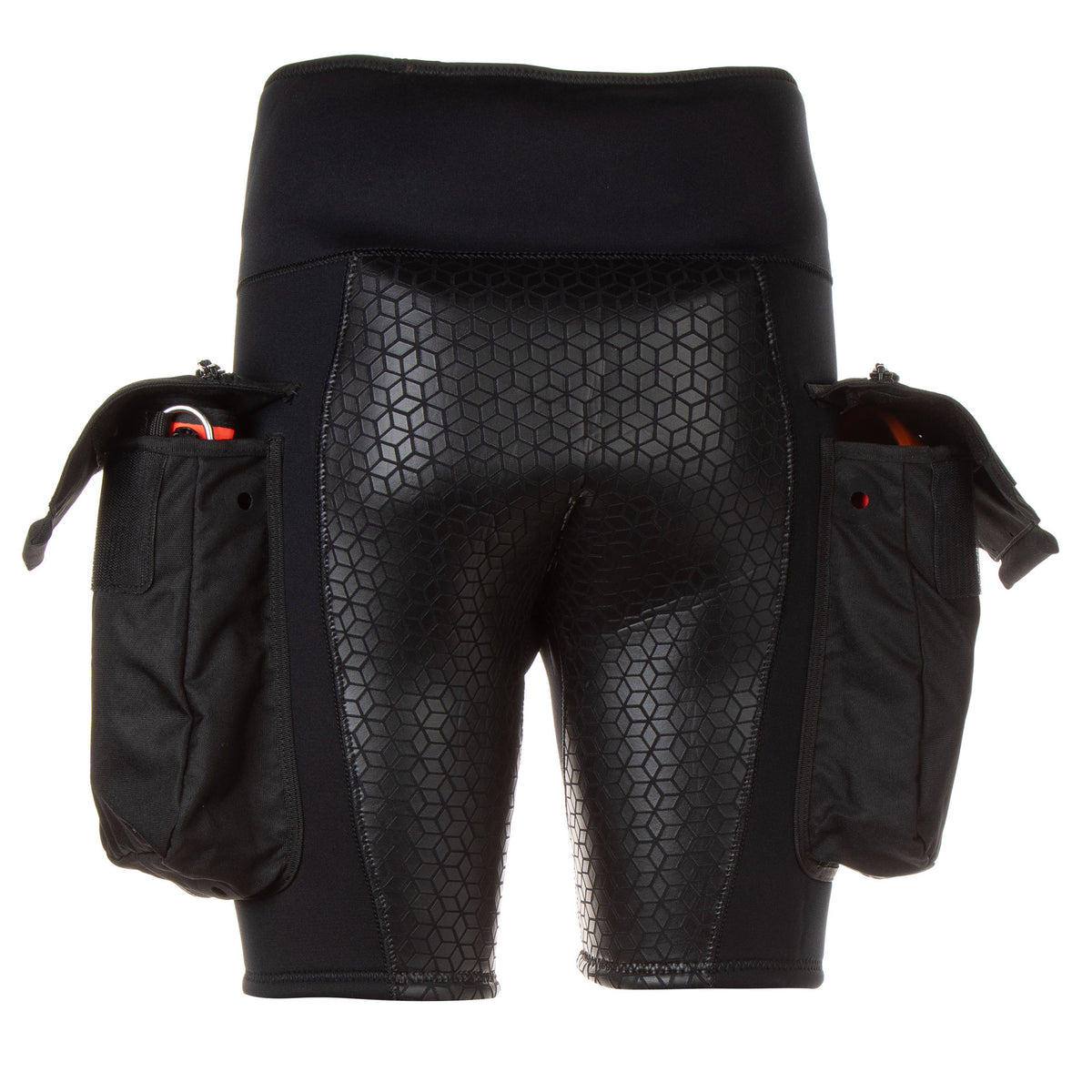Tecline 4 mm cargo shorts, front view with both side pockets closed