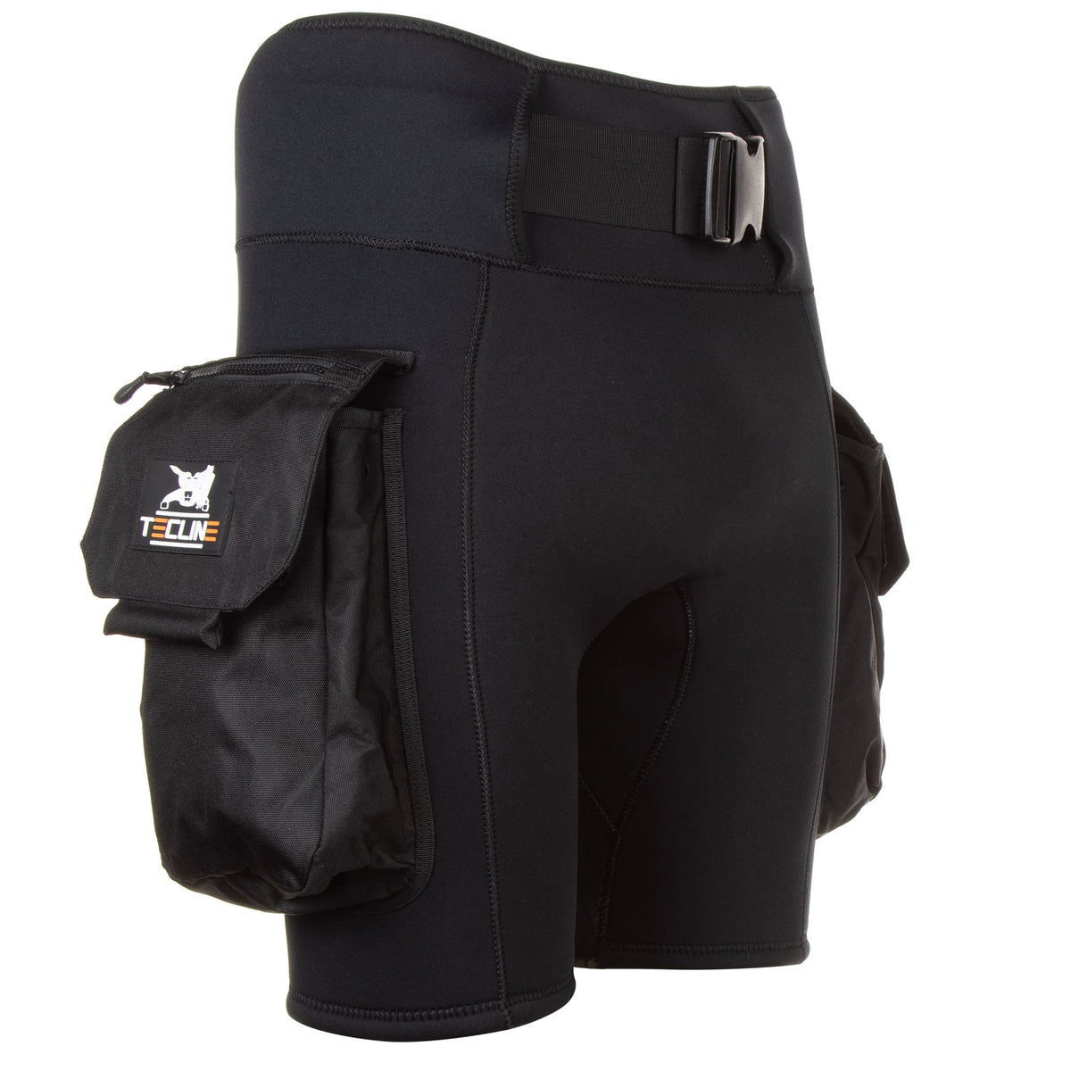 Tecline 4 mm cargo shorts, front view with both side pockets closed