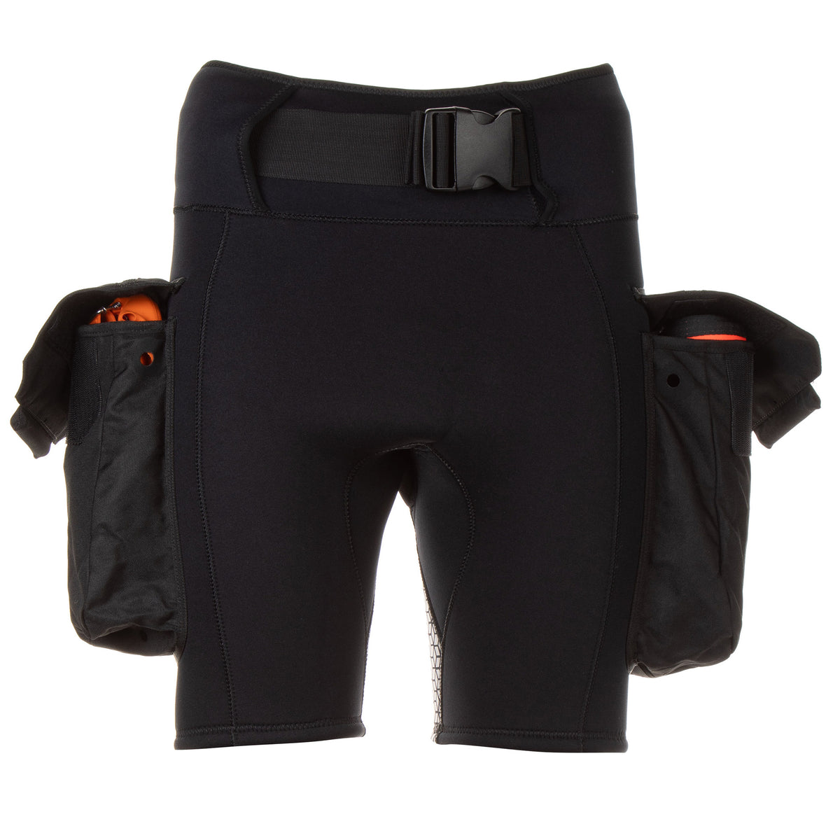 Tecline 4 mm cargo shorts, front view with both side pockets closed