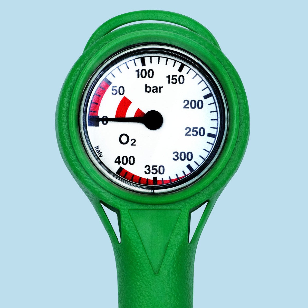 Termo Industria 2K Line oxygen nitrox pressure gauge in a green cover, O2 marked dial