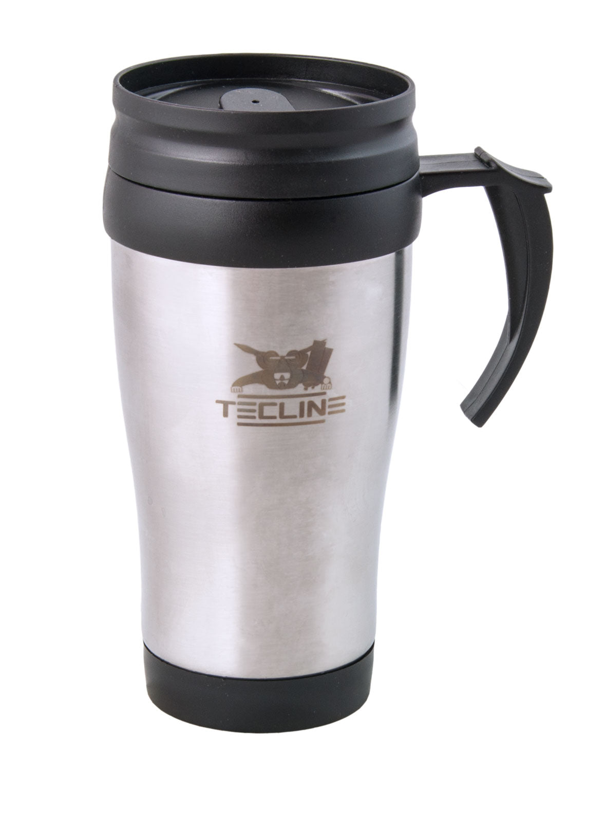 Tecline thermal mug with brushed stainless steel body, black lid and handle, Tecline logo