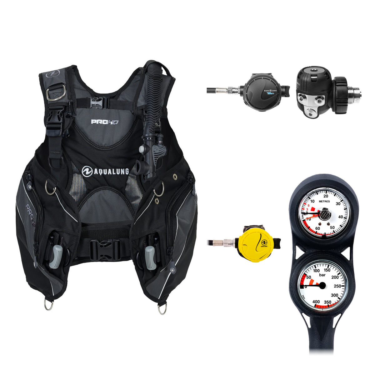 Aqua Lung Pro HD men's BCD in black and grey, Titan regulator and two-gauge console, with the Octopus Calypso / Titan Classic octopus