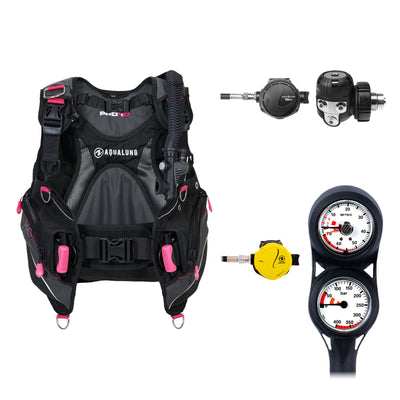 Aqua Lung Pro HD women's BCD in black and pink, Titan regulator and two-gauge console, with the Octopus Calypso / Titan Classic octopus
