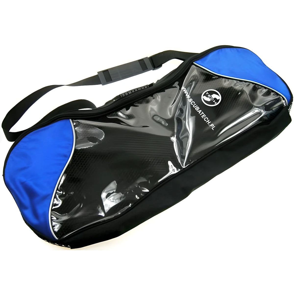Scubatech ABC bag in black with blue ends and a shoulder strap
