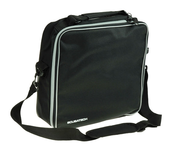 Square quilted regulator bag in black with grey piping and Scubatech logo