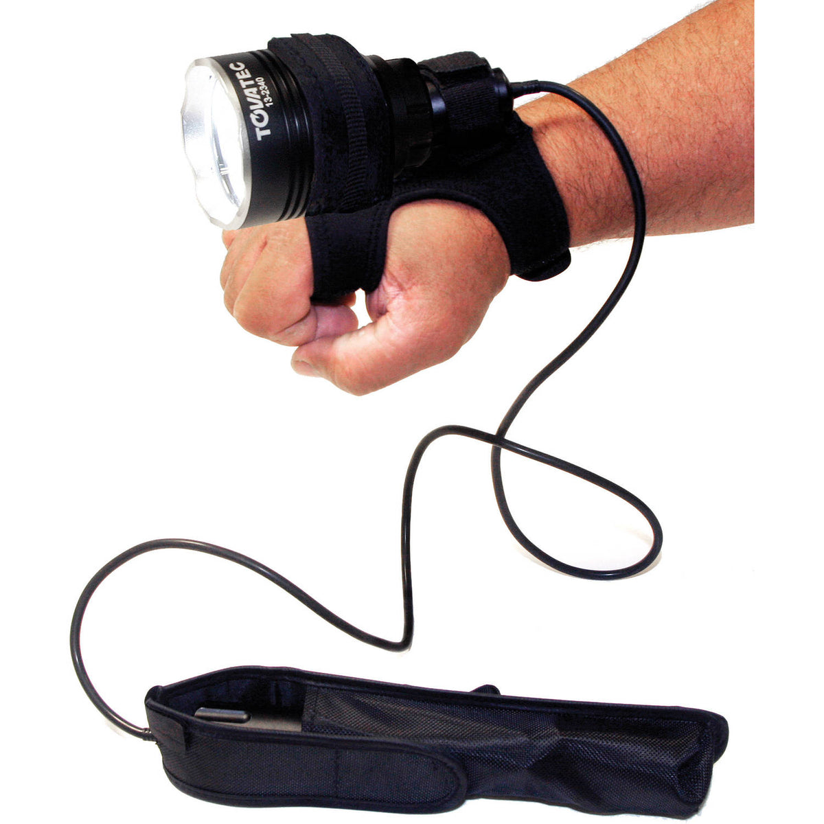 Tovatec Beacon canister kit fitted: light head in a Goodman handle on the hand, cable running to the battery holster