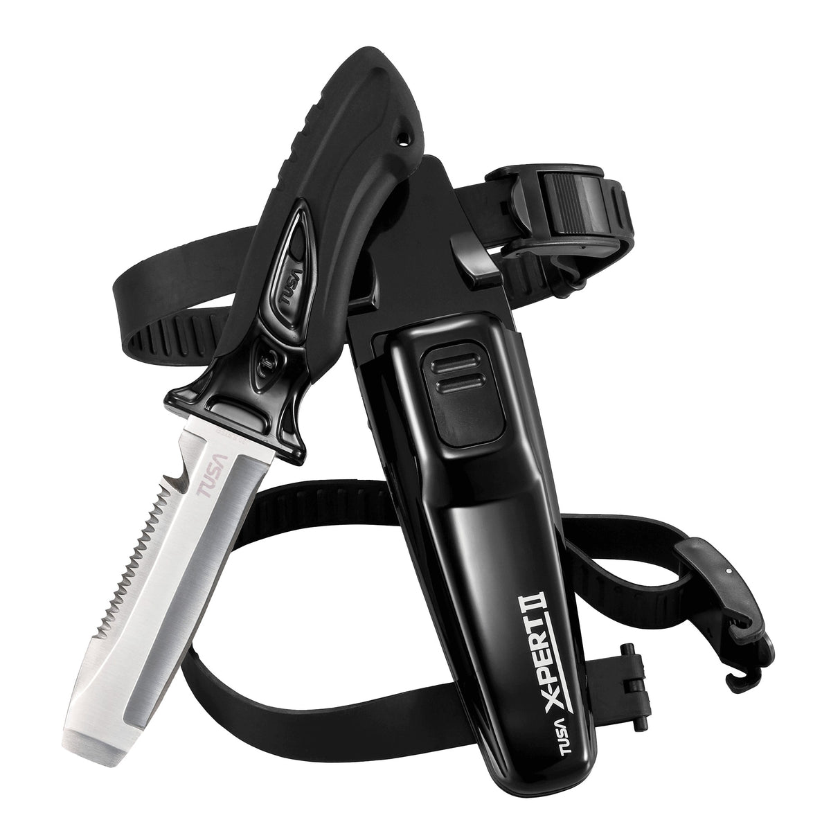 Black Tusa X-Pert II blunt tip dive knife with sheath and leg straps
