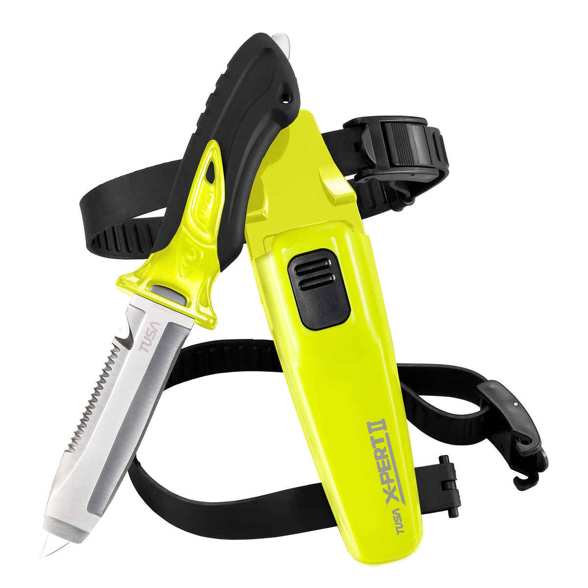 Black Tusa X-Pert II blunt tip dive knife with sheath and leg straps