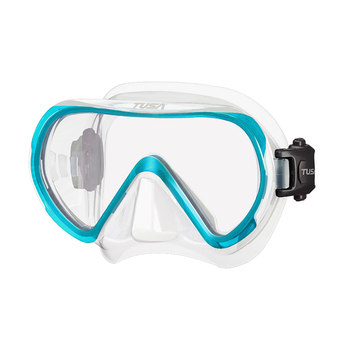 Tusa Ino mask with clear skirt and Ocean Green frame