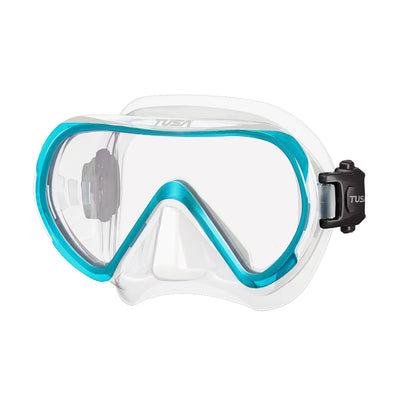 Tusa Ino mask with clear skirt and Ocean Green frame