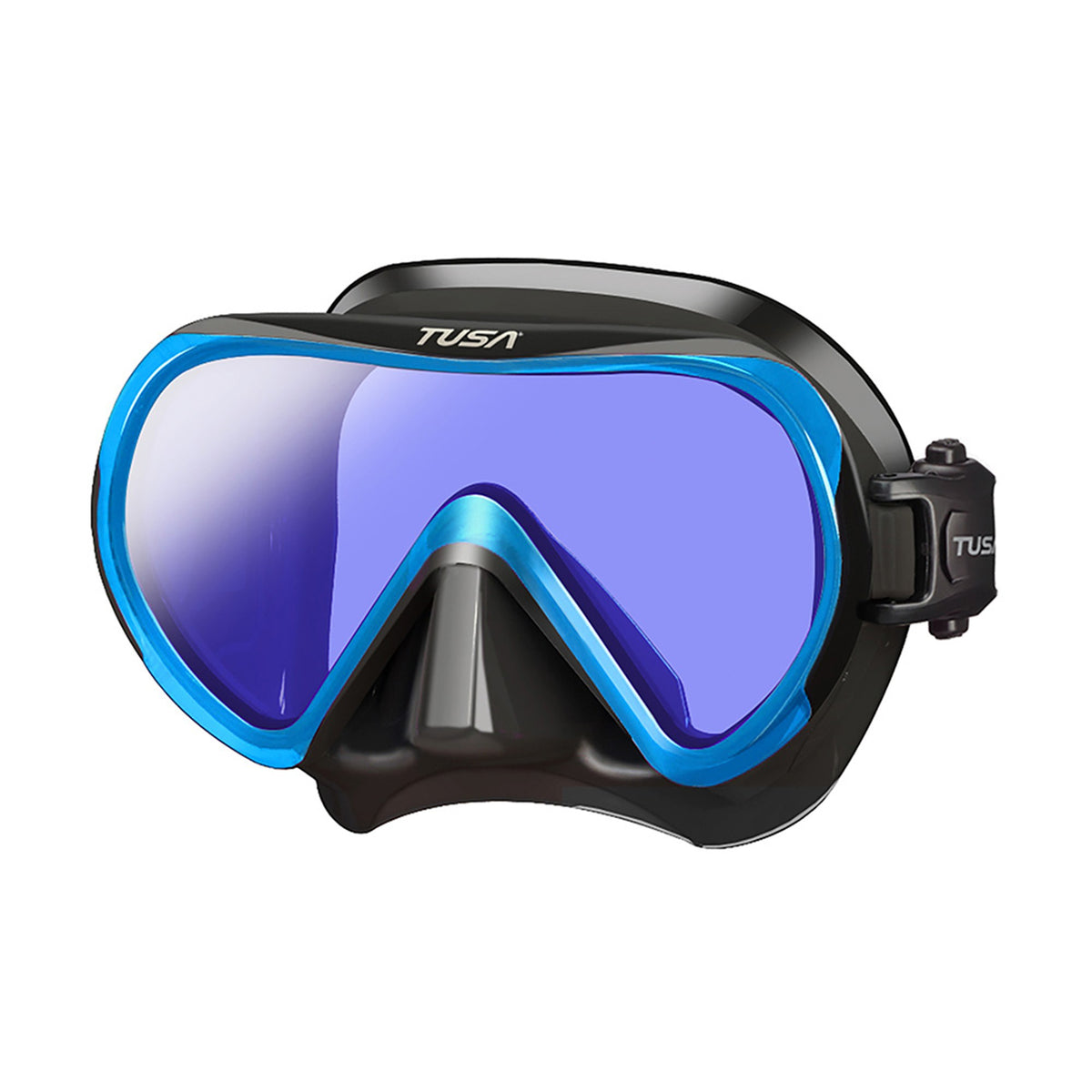 Tusa Ino Pro mask with black silicone, Fishtail Blue frame and coated lens