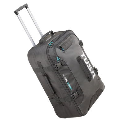 TUSA medium roller dive bag in black and grey with the pull handle extended
