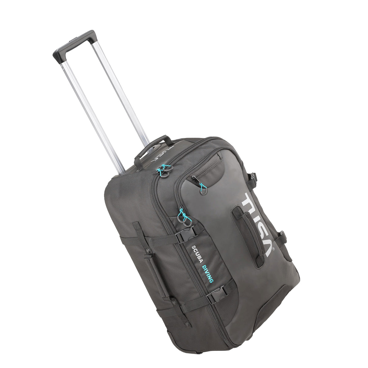 TUSA medium roller dive bag in black and grey with the pull handle extended