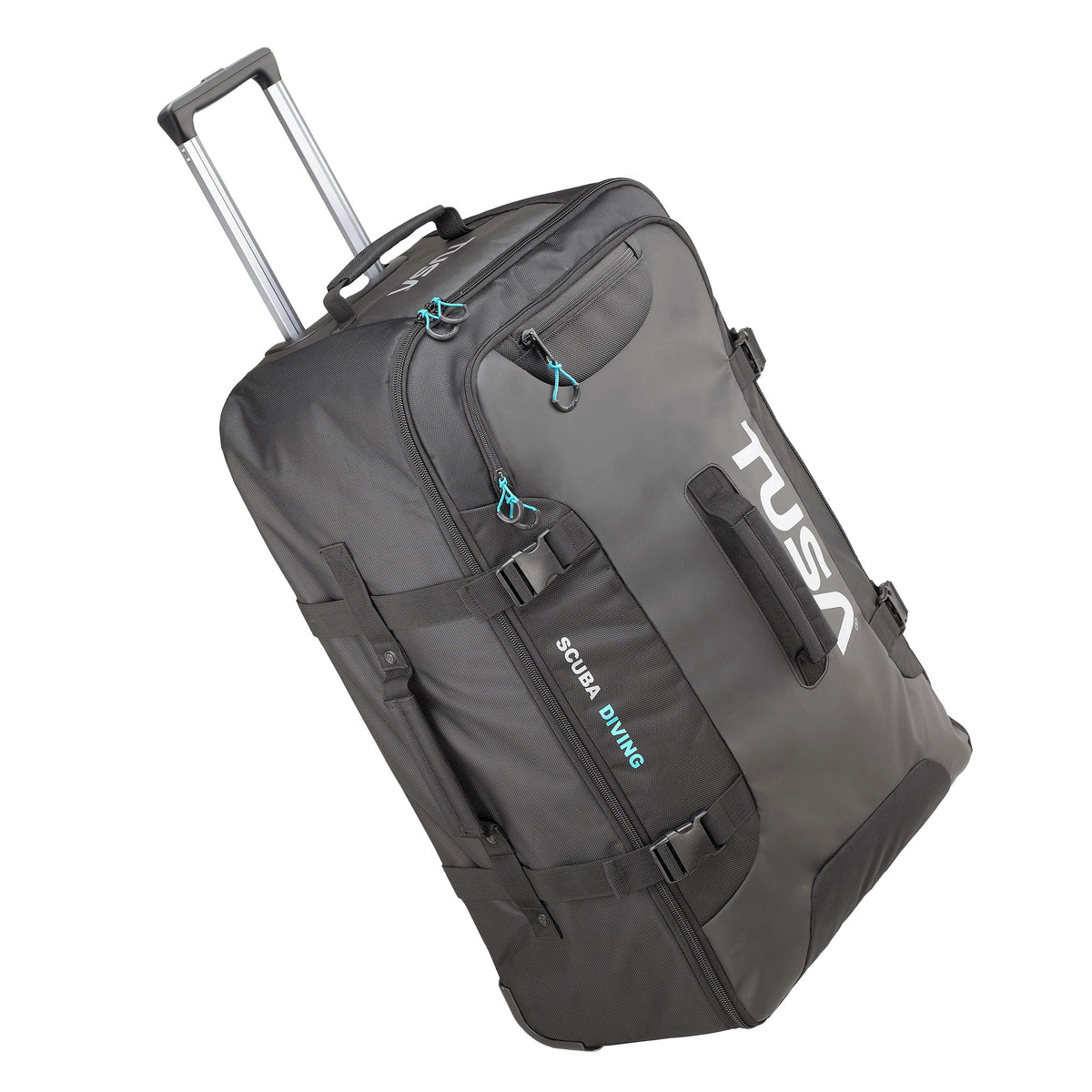 TUSA medium roller dive bag in black and grey with the pull handle extended
