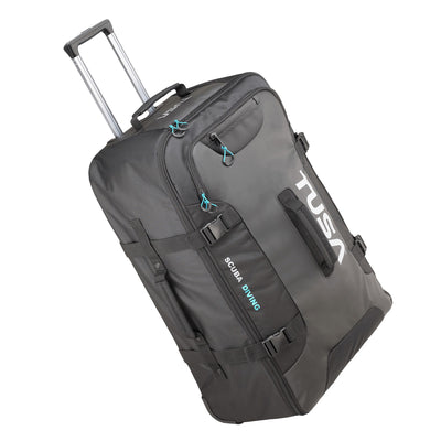 TUSA large roller dive bag in black and grey with the pull handle extended