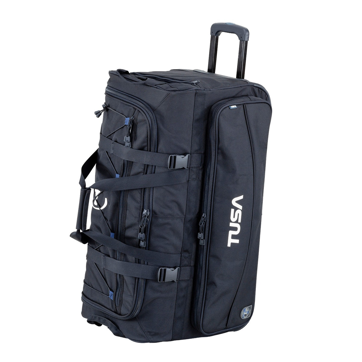 TUSA RD-2 roller duffel bag in black standing upright on its wheels