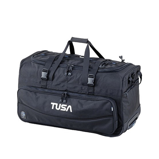 TUSA RD-2 roller duffel bag in black standing upright on its wheels