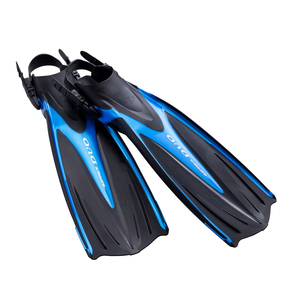 Pair of Tusa Imprex Duo open heel fins in Fishtail Blue