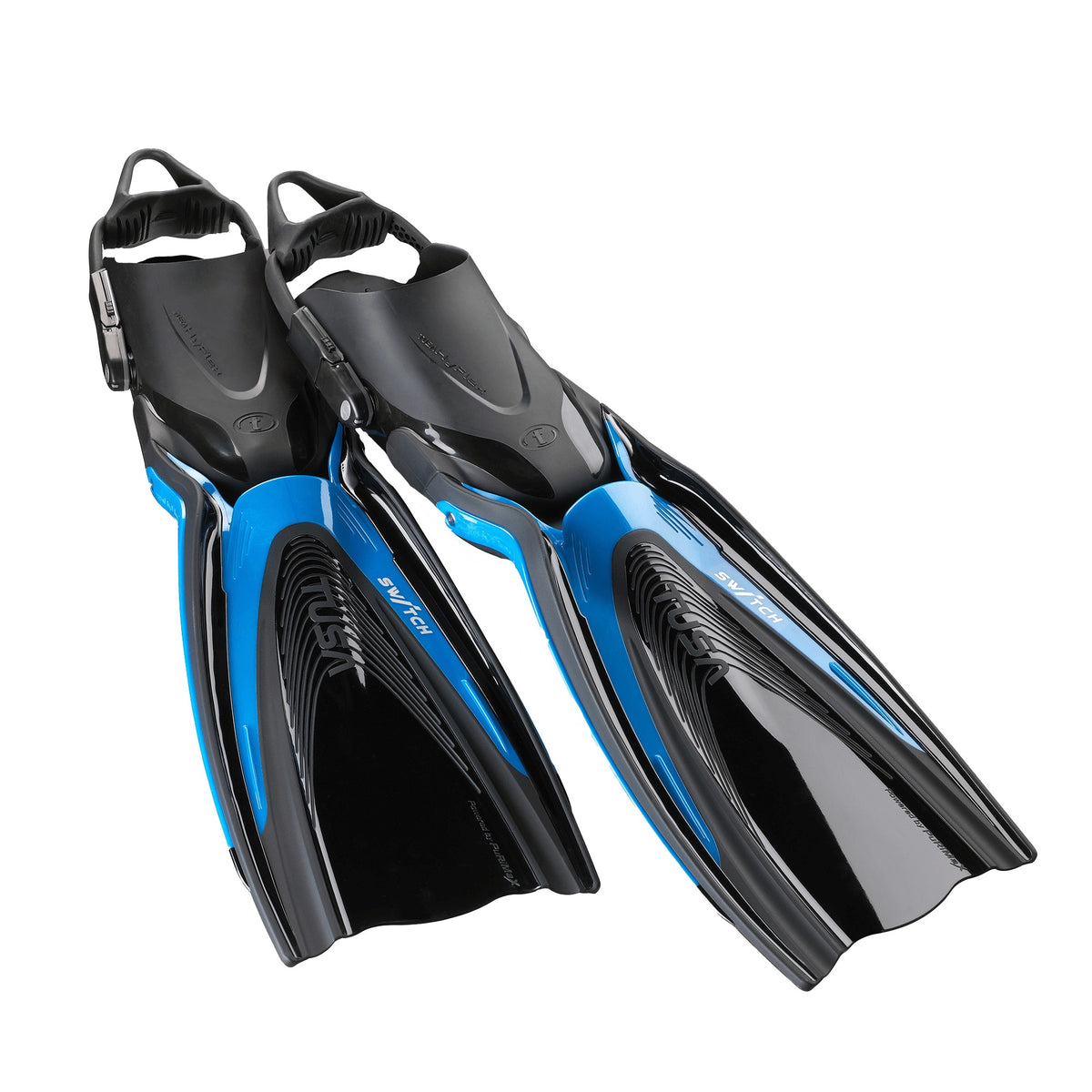 Tusa Hyflex Switch fins in Fishtail Blue, pair shown with black bungee straps