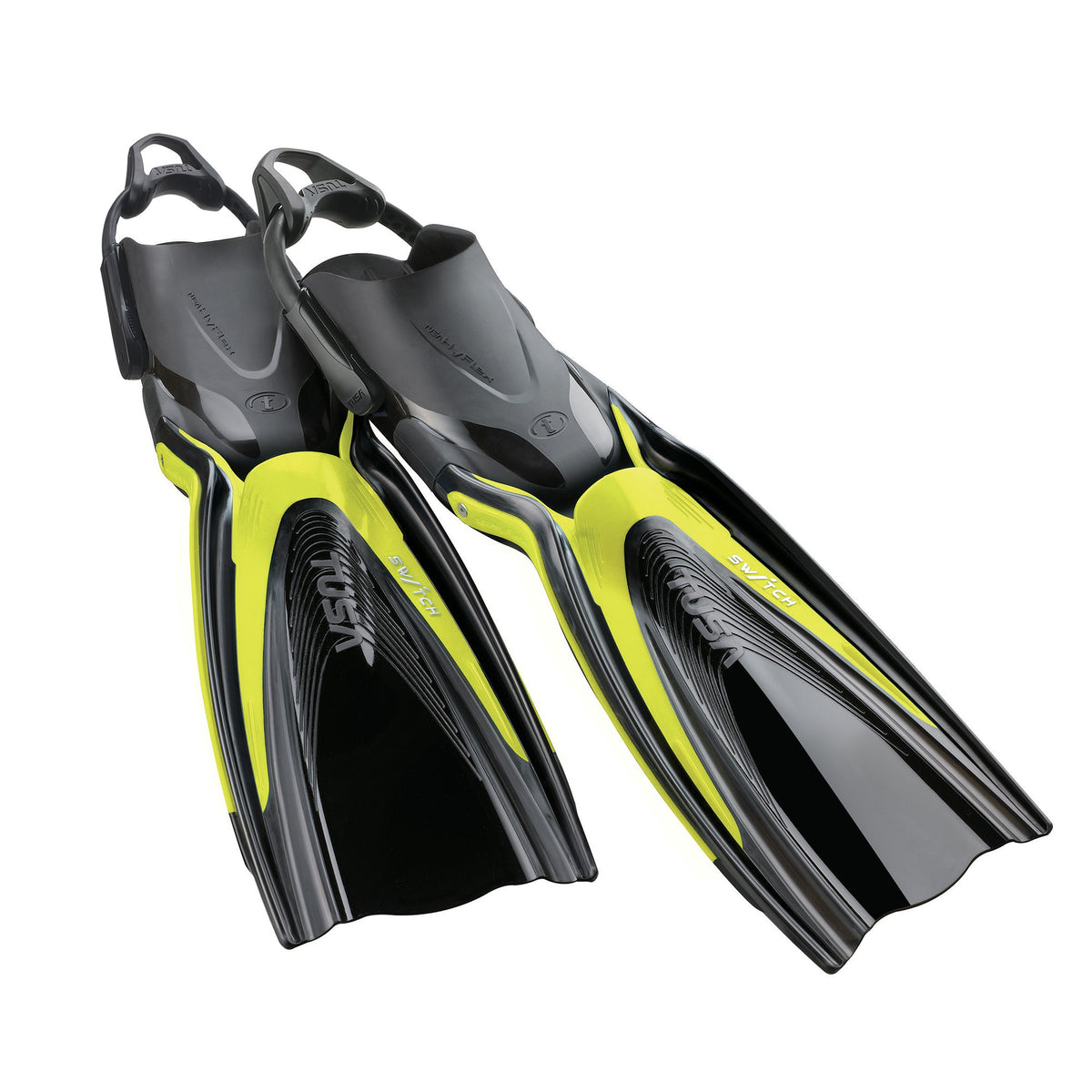 Tusa Hyflex Switch fins in Fishtail Blue, pair shown with black bungee straps