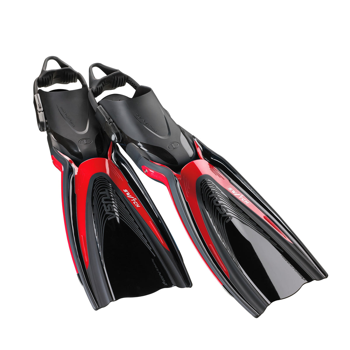 Tusa Hyflex Switch fins in Fishtail Blue, pair shown with black bungee straps