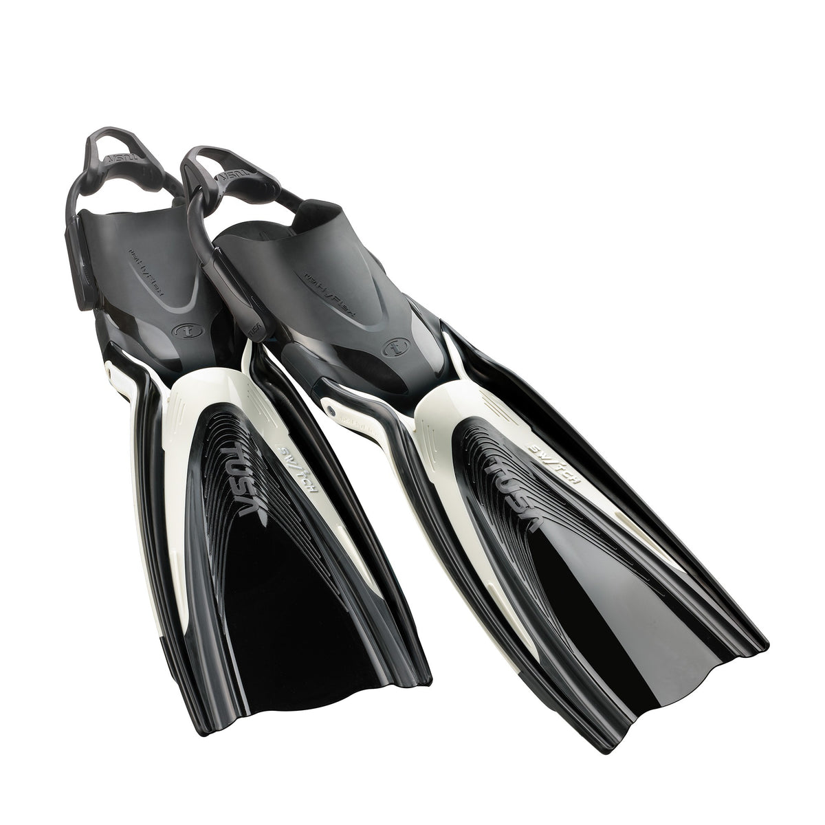 Tusa Hyflex Switch fins with white blade accents and black foot pockets