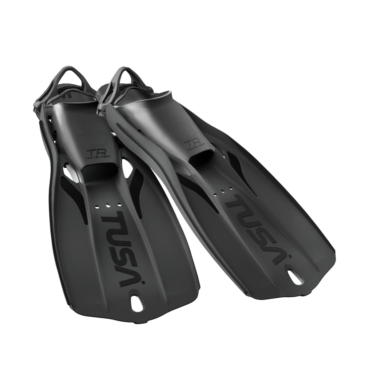 Pair of black Tusa Travel Right fins