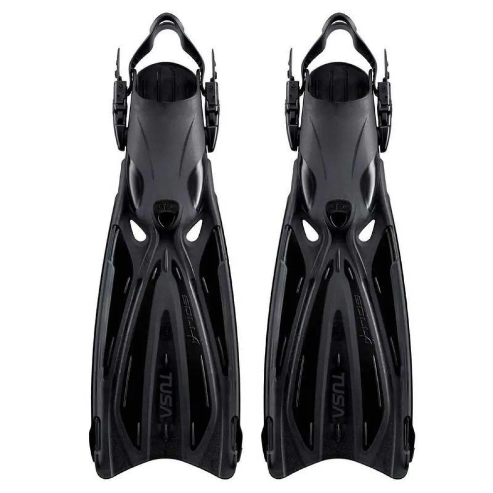 Pair of black Tusa Solla open heel fins with buckle straps