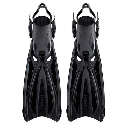 Pair of black Tusa Solla open heel fins with buckle straps