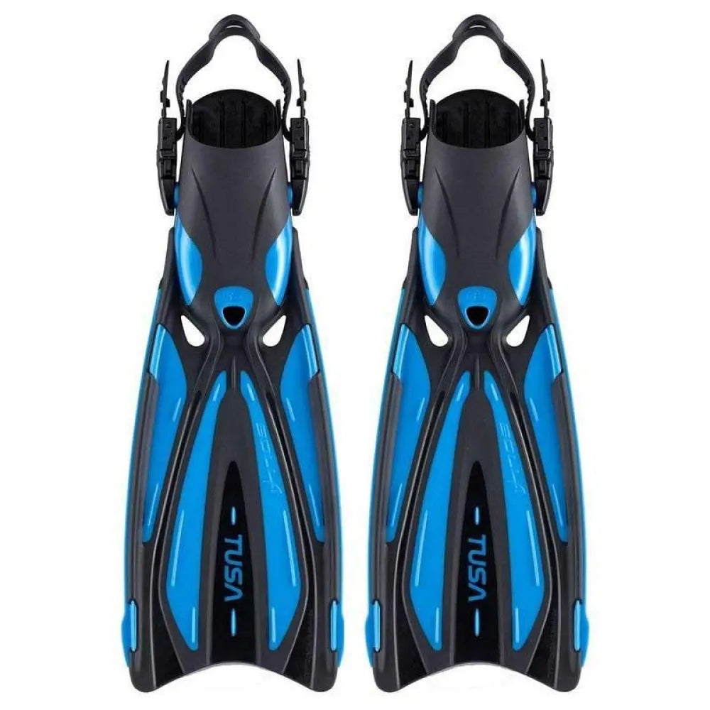 Pair of black Tusa Solla open heel fins with buckle straps