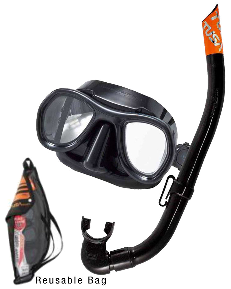 Tusa Sport Panthes combo in black: low volume mask and snorkel with storage bag