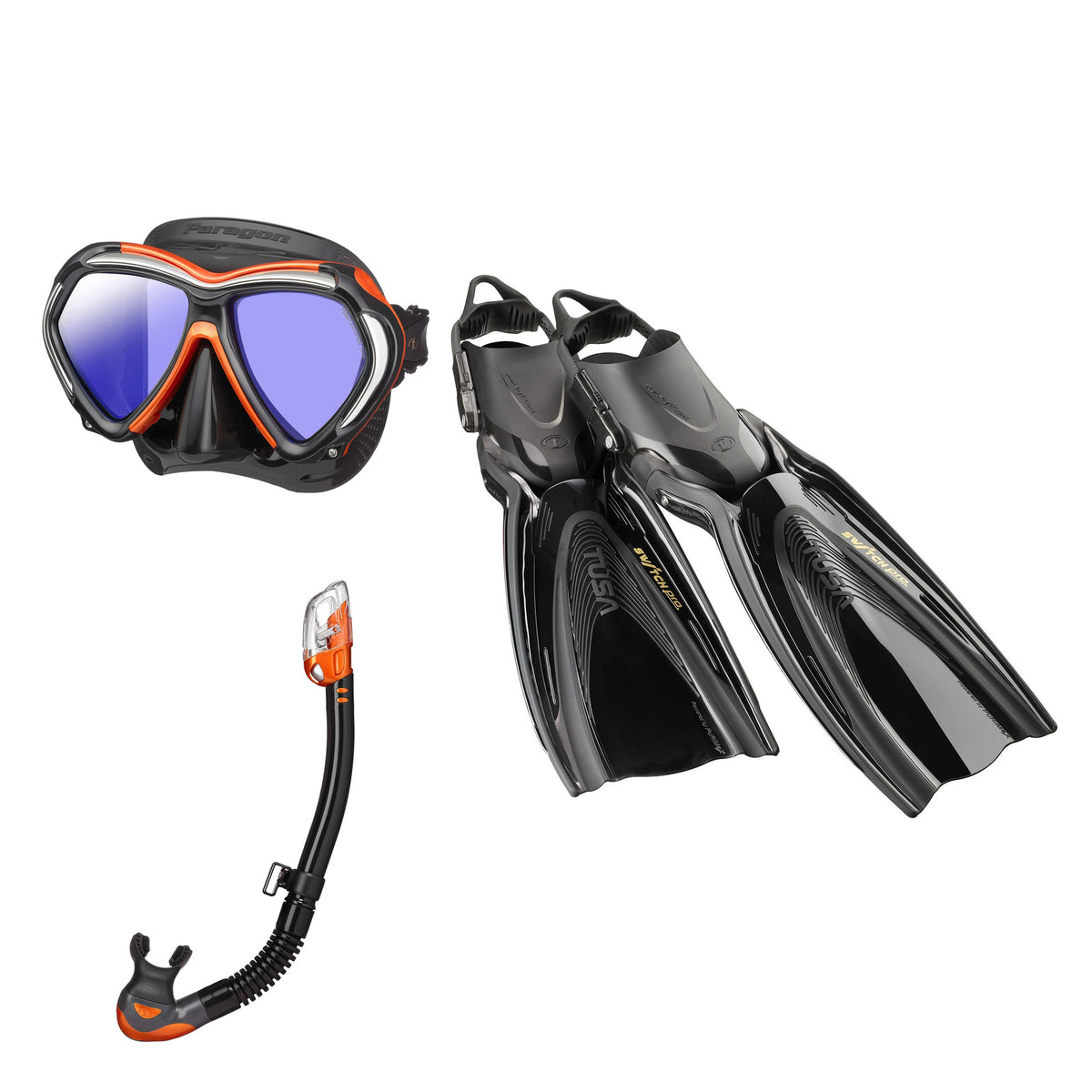 Tusa Paragon mask and Hyperdry Elite II snorkel in black and orange, with Hyflex Switch Pro fins in black