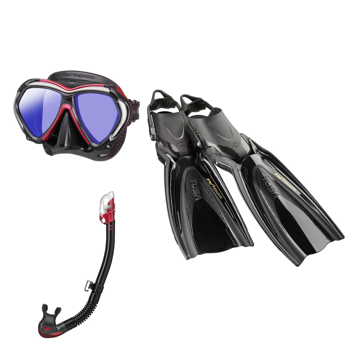 Tusa Paragon mask and Hyperdry Elite II snorkel in black and pink, with Hyflex Switch Pro fins in black